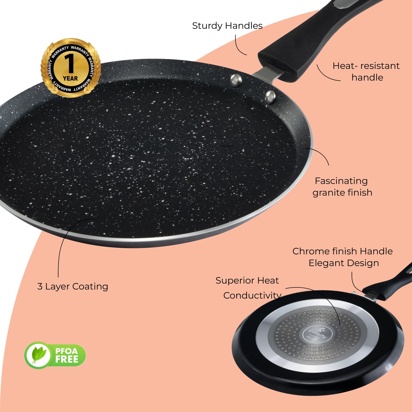 Cookify Duron Flat Tawa, 26 cm, Non-Stick Coated, Chrome Finish Handle, Black