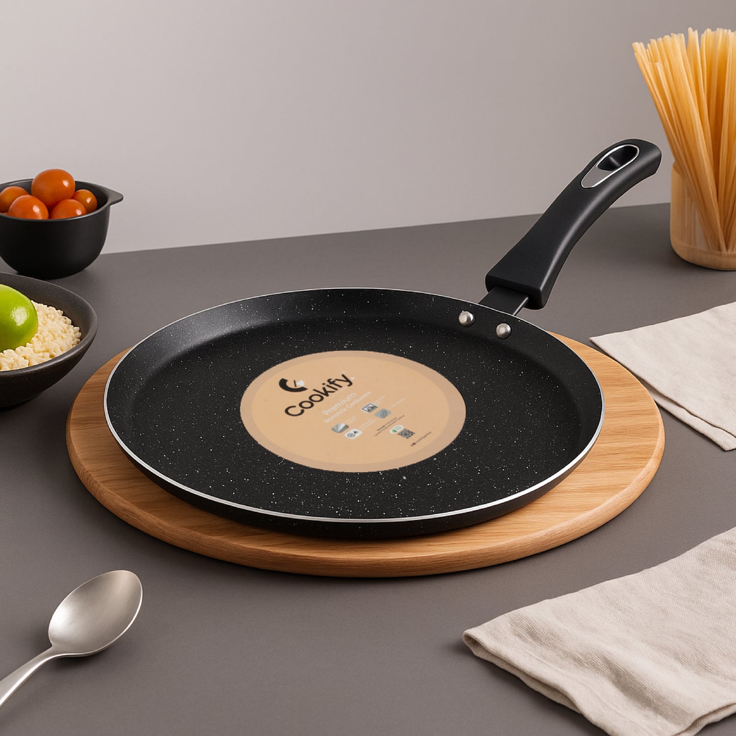 Cookify Duron Flat Tawa, 26 cm, Non-Stick Coated, Chrome Finish Handle, Black
