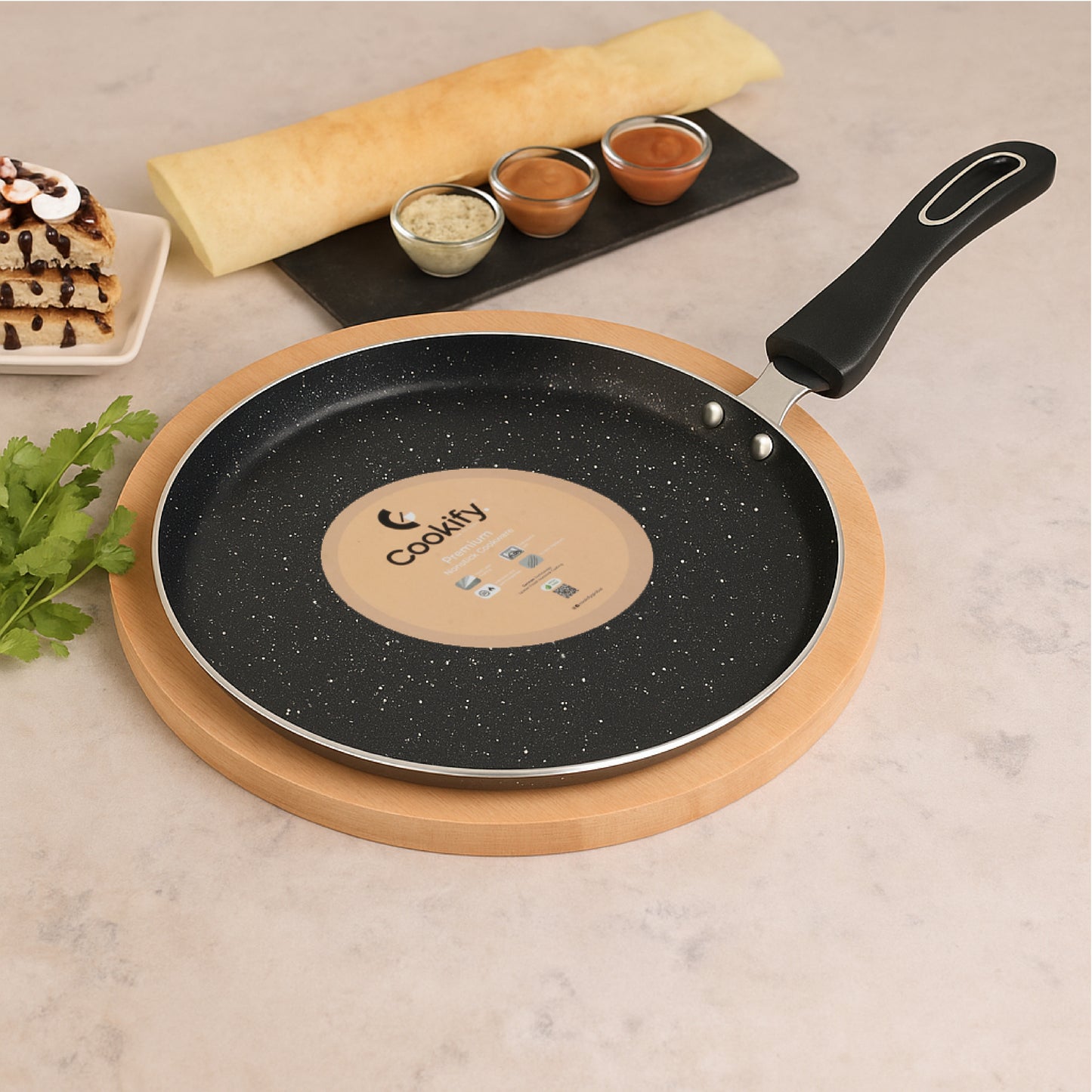 Cookify Duron Flat Tawa, 26 cm, Non-Stick Coated, Chrome Finish Handle, Grey