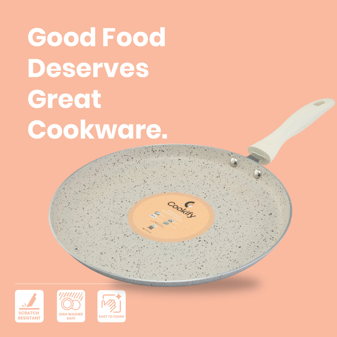 Cookify Liora Non-Stick Flat Tawa with Spatter Coating, 28 cm, Ivory