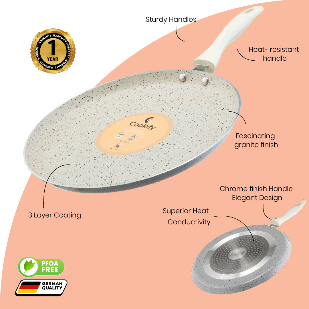 Cookify Liora Non-Stick Flat Tawa with Spatter Coating, 28 cm, Ivory