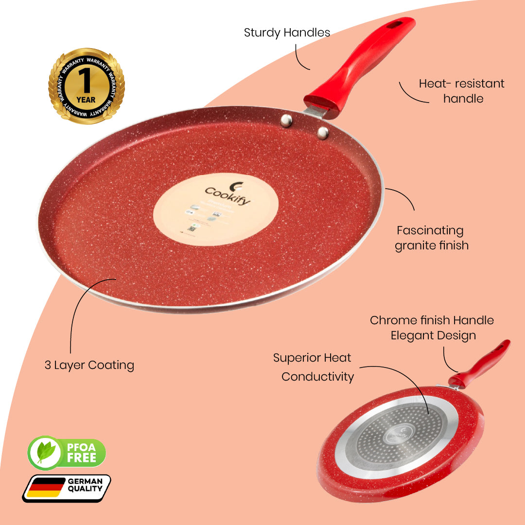Cookify Liora Non-Stick Flat Tawa with Spatter Coating, 28 cm, Cherry Red