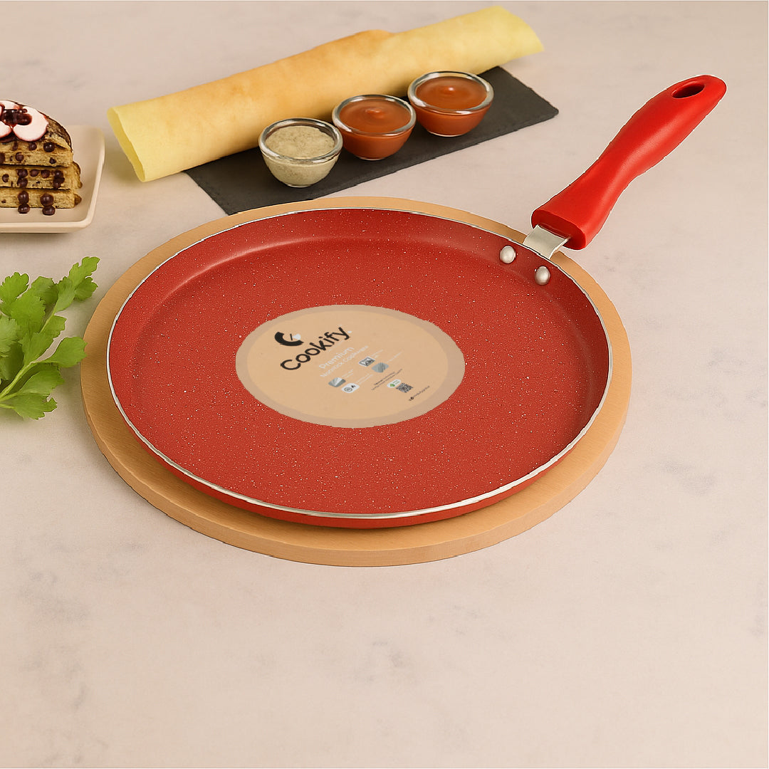 Cookify Liora Non-Stick Flat Tawa with Spatter Coating, 28 cm, Cherry Red