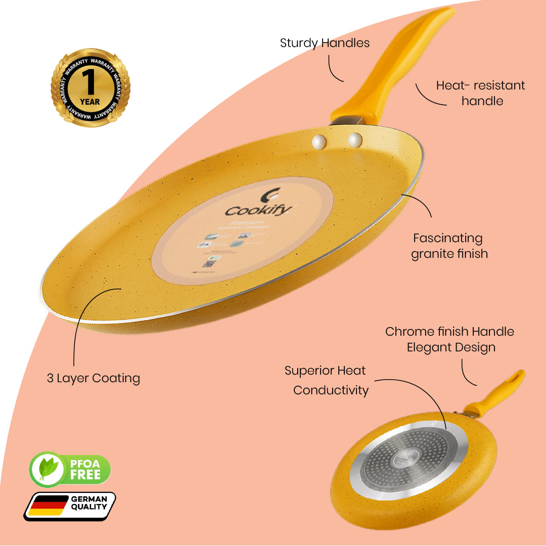 Cookify Liora Non-Stick Flat Tawa with Spatter Coating, 28 cm, Amber Yellow