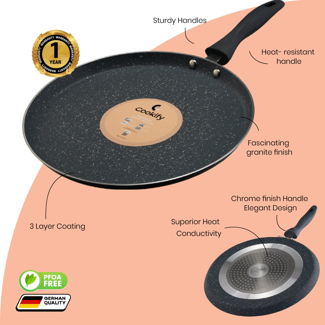 Cookify Liora Non-Stick Flat Tawa with Spatter Coating, 28 cm, Ash Grey