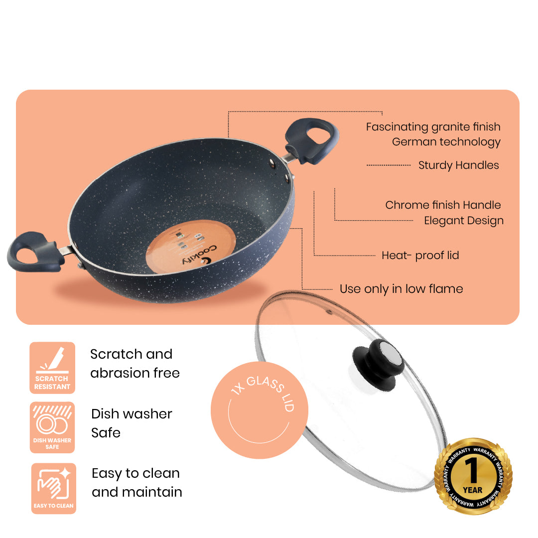Cookify Lara Non-Stick Kadai, 24 cm, Spatter Coated, Ash Grey