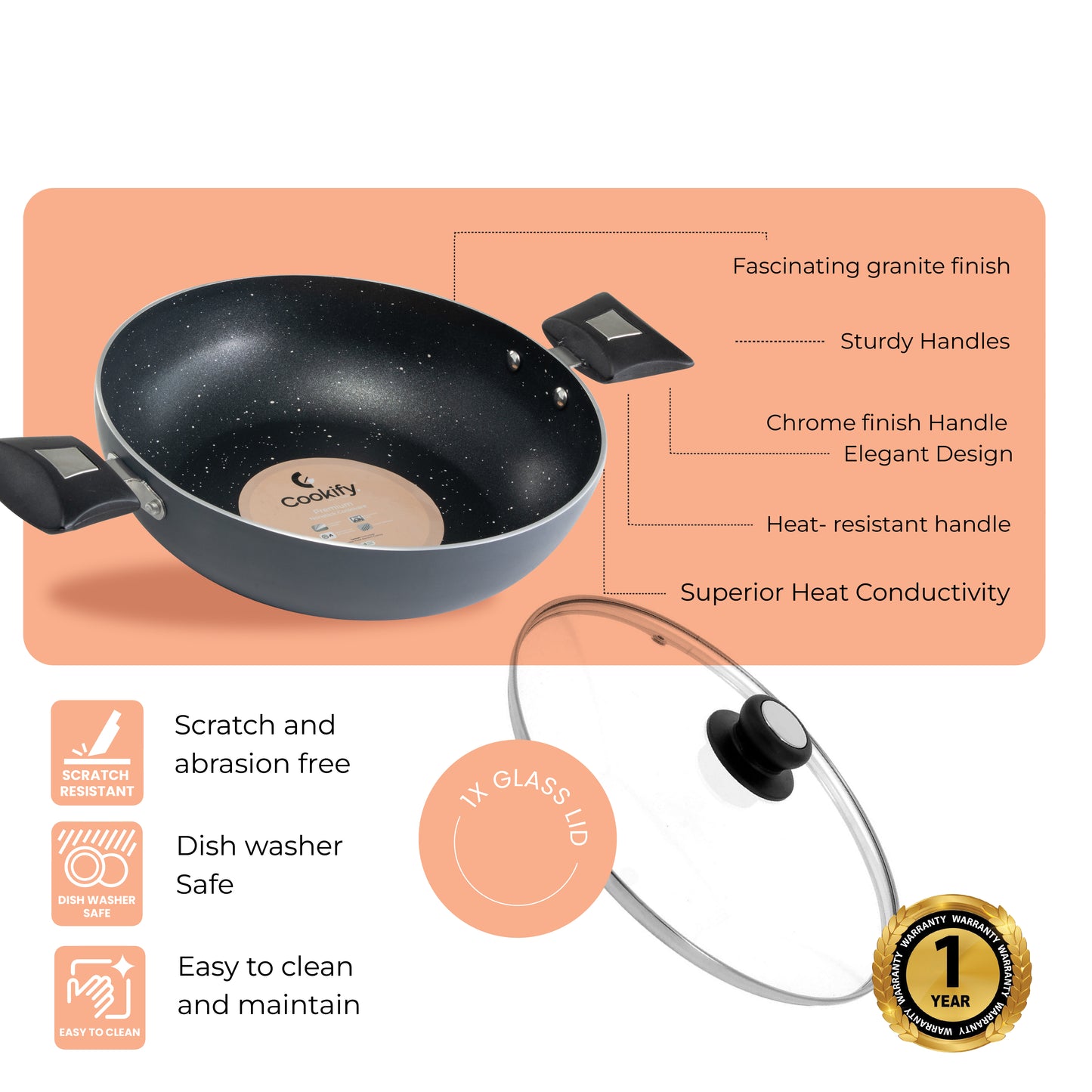 Cookify Eva Kadai, 24 cm, Non-Stick Coating, Ash Grey