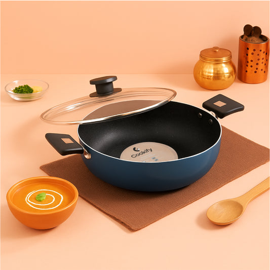 Cookify Rexa Non-Stick Cookware 4 Pcs Set Combo, Kadai 24cm with Lid, Frypan 24cm,Tawa 26cm, Peacock Green
