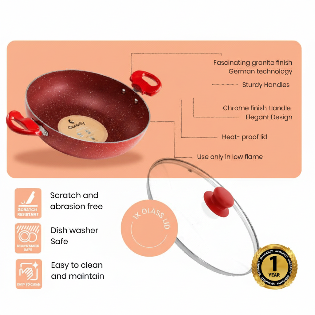 Cookify Non-Stick Spatter Coated Cookware 4 Pcs Set Combo, Kadai 24cm with Lid, Frypan 24cm,Tawa 28cm,Cherry Red