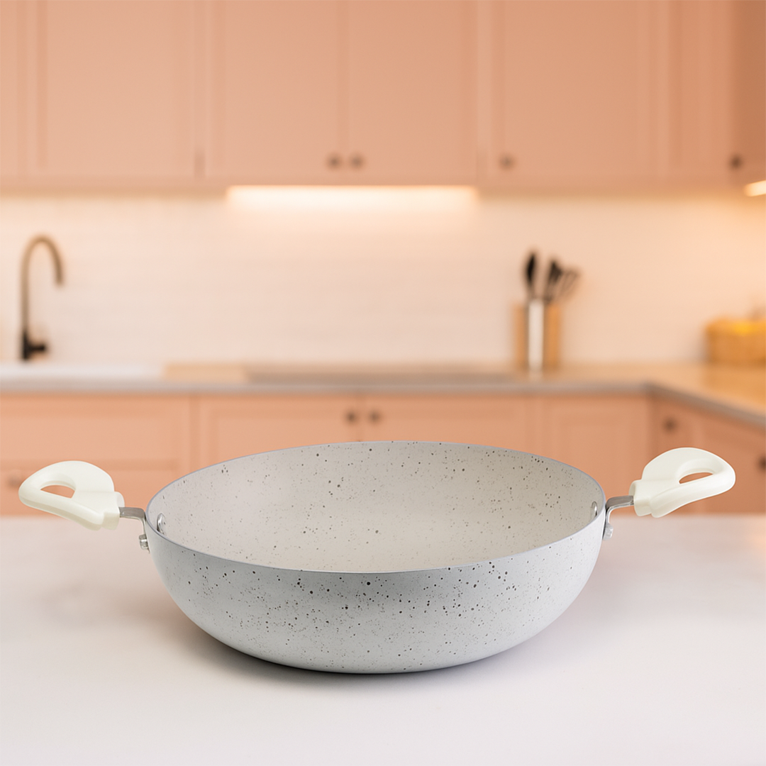 Cookify Lara Non-Stick Kadai, 24 cm, Spatter Coated, Ivory