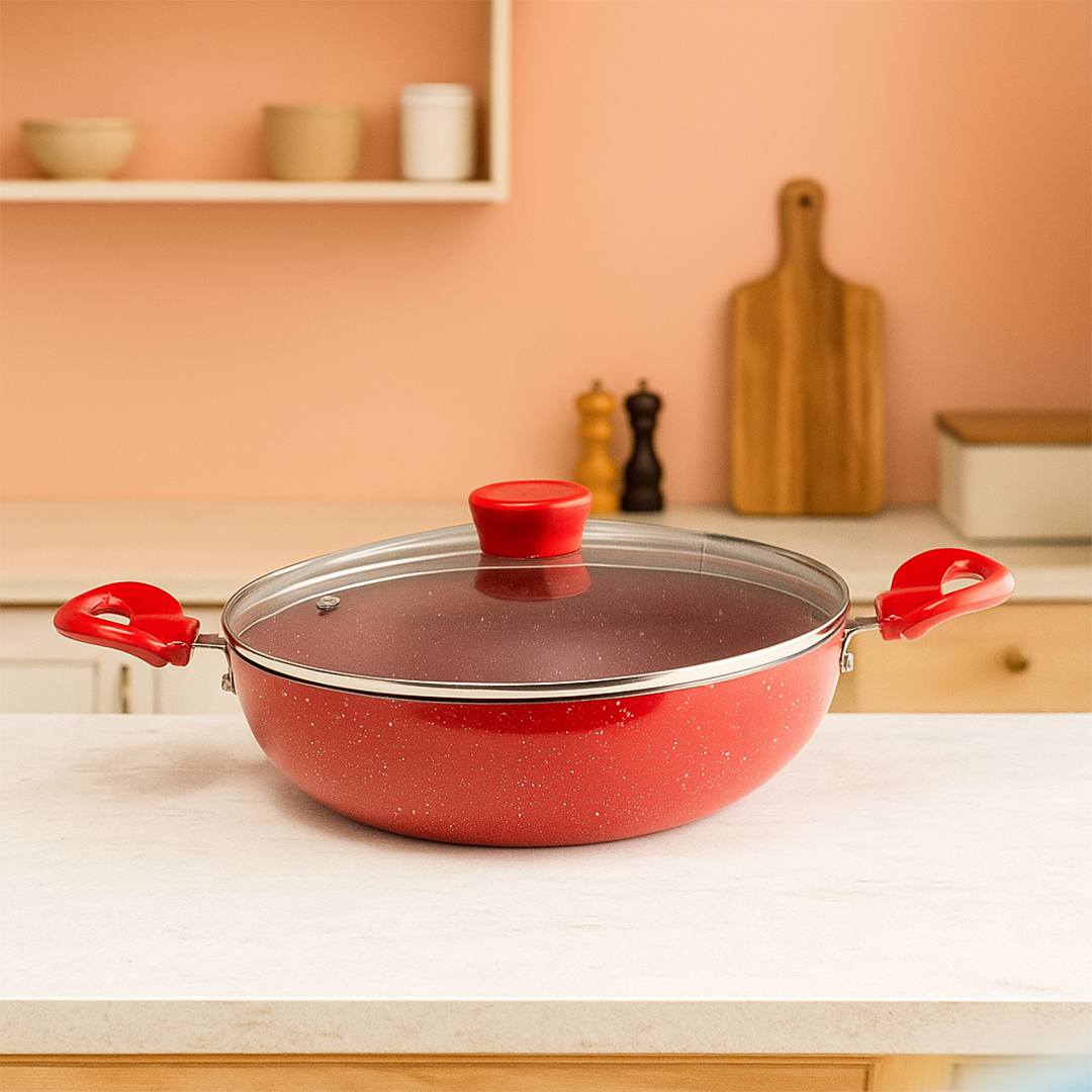 Cookify Lara Non-Stick Kadai, 24 cm, Spatter Coated,Cherry Red