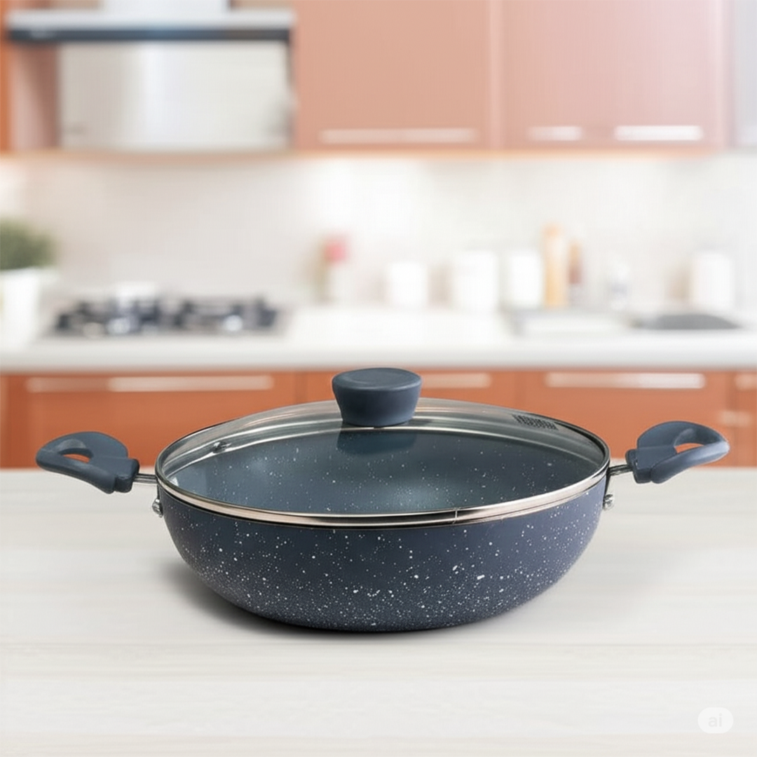Cookify Lara Non-Stick Kadai, 24 cm, Spatter Coated, Ash Grey