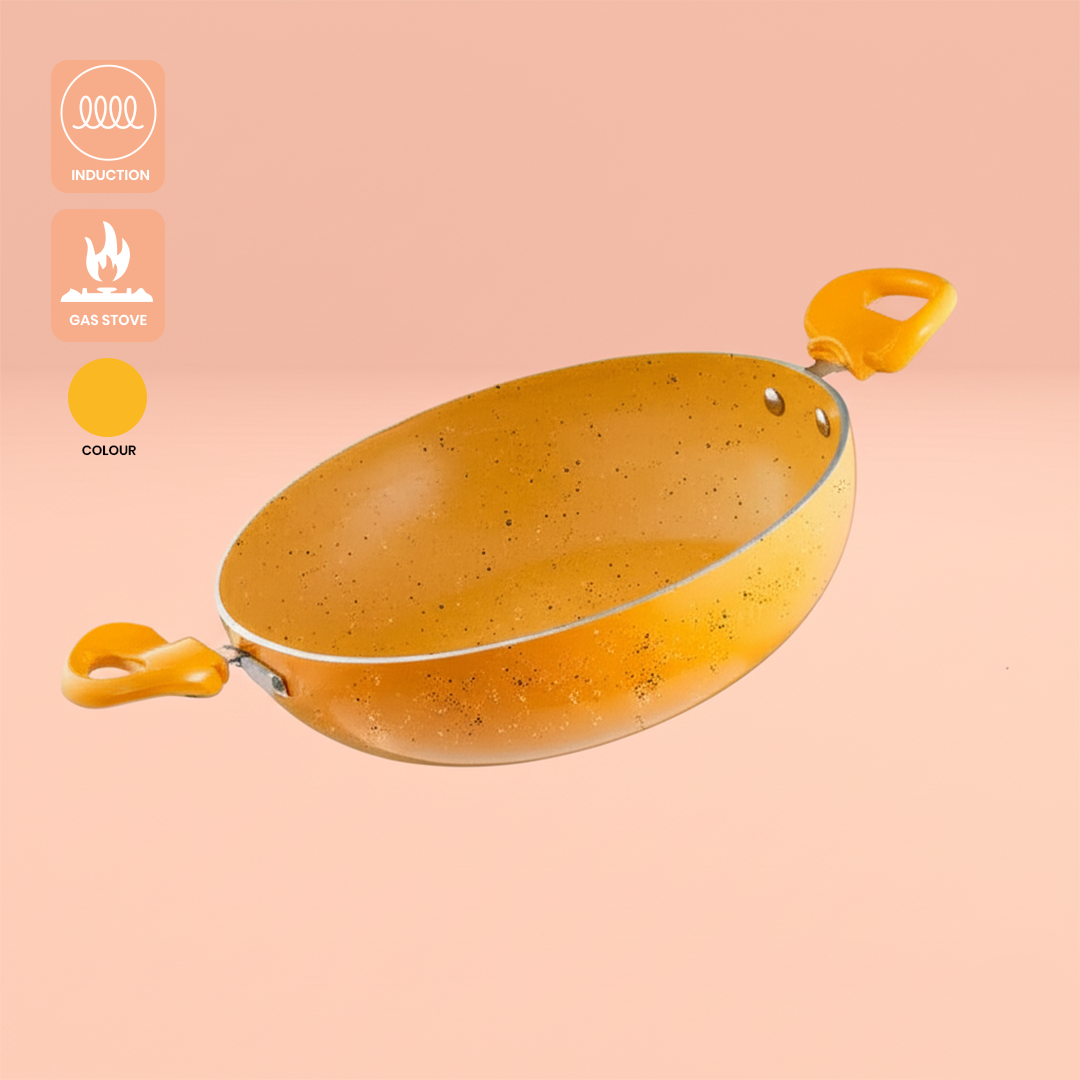 Cookify Lara Non-Stick Kadai, 24 cm, Spatter Coated, Amber Yellow