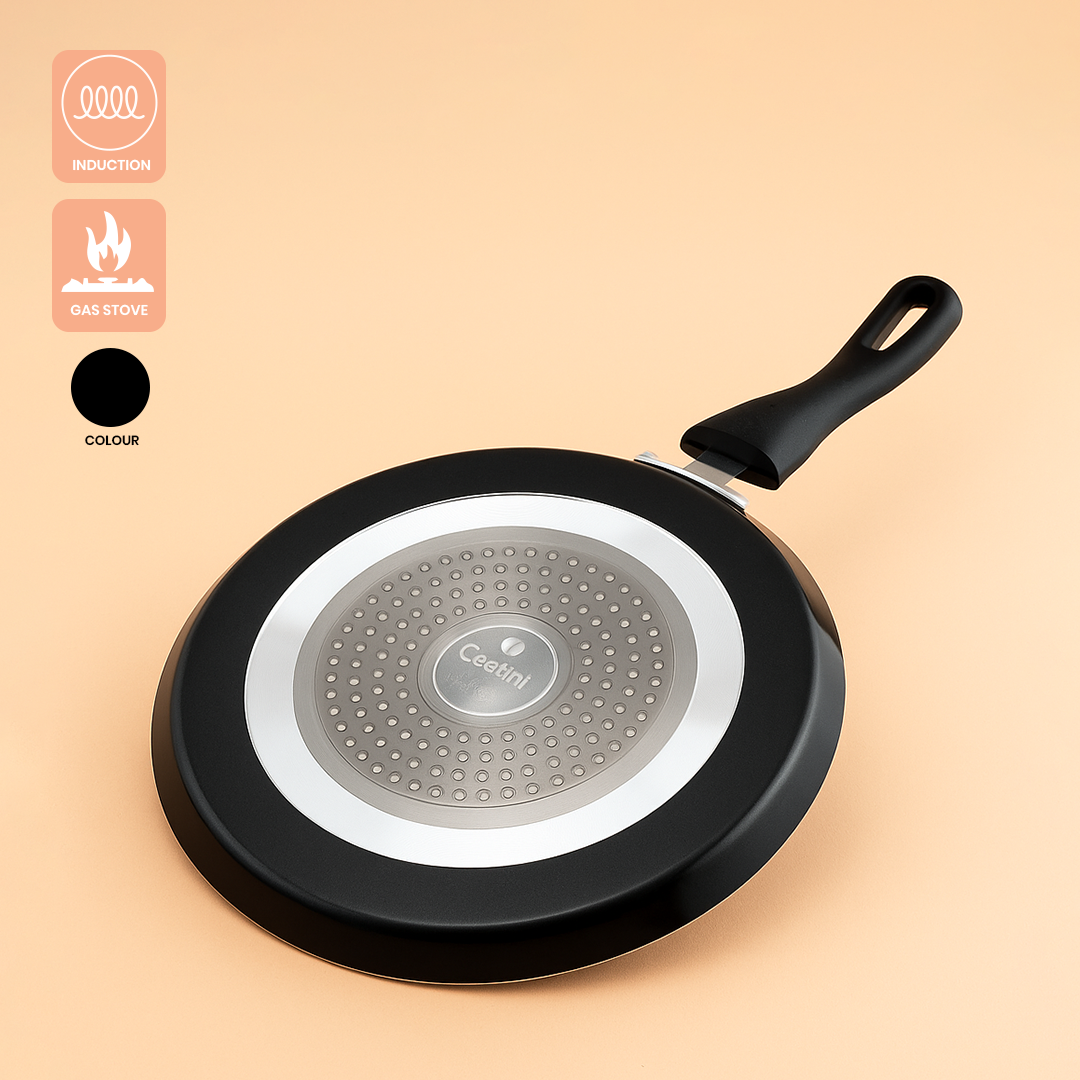 Cookify Duron Flat Tawa, 26 cm, Non-Stick Coated, Chrome Finish Handle, Black