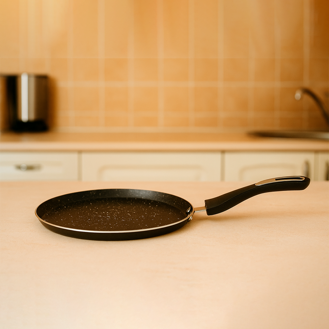 Cookify Duron Flat Tawa, 26 cm, Non-Stick Coated, Chrome Finish Handle, Black