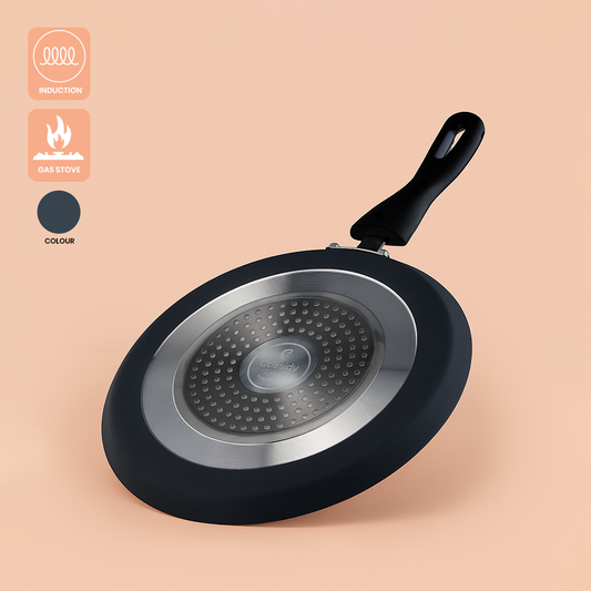 Cookify Duron Flat Tawa, 26 cm, Non-Stick Coated, Chrome Finish Handle, Grey