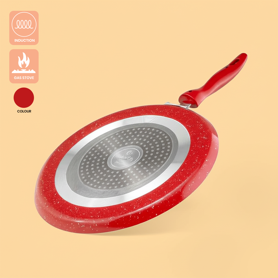 Cookify Liora Non-Stick Flat Tawa with Spatter Coating, 28 cm, Cherry Red