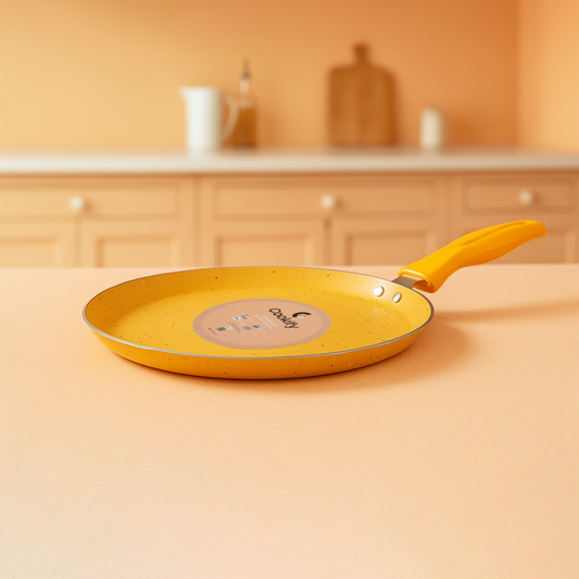 Cookify Liora Non-Stick Flat Tawa with Spatter Coating, 28 cm, Amber Yellow