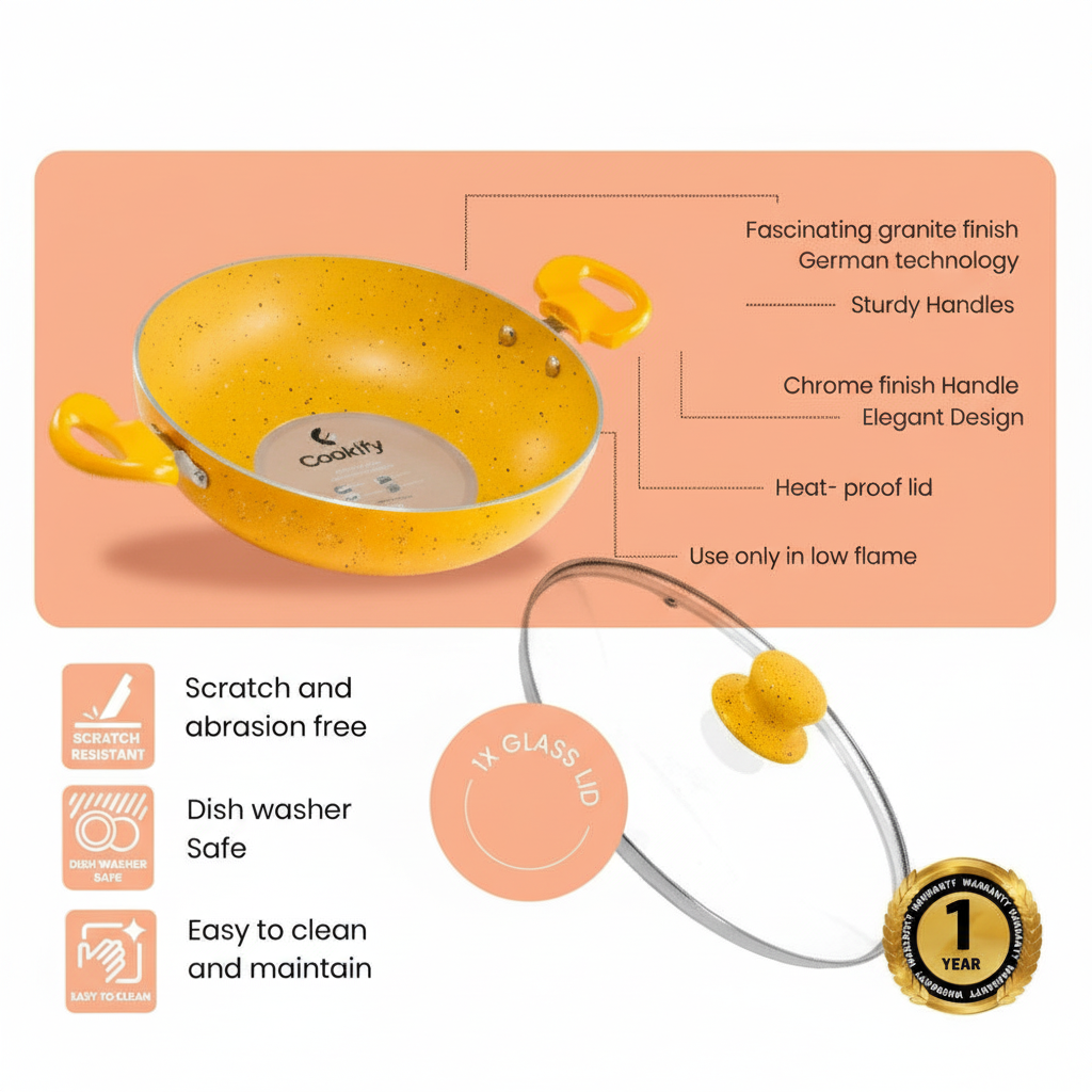 Cookify Lara Non-Stick Kadai, 24 cm, Spatter Coated, Amber Yellow