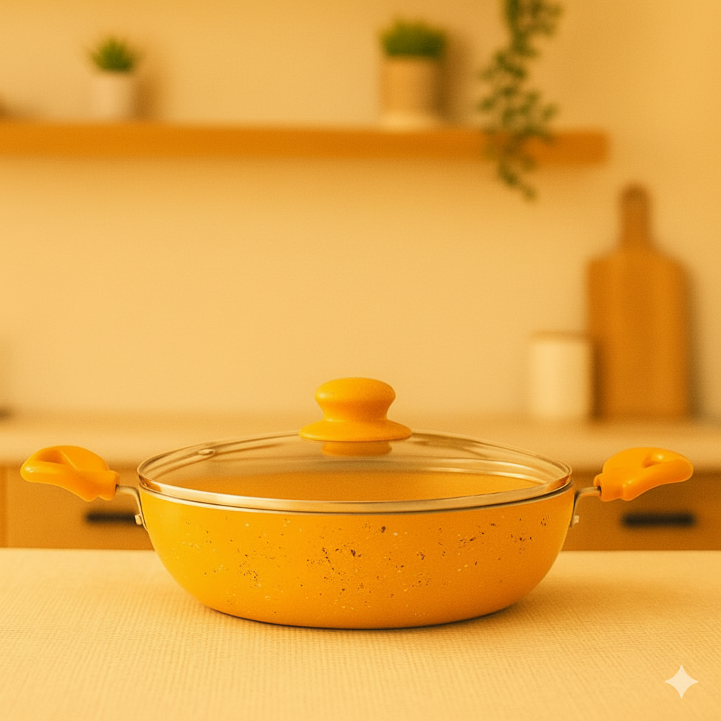 Cookify Lara Non-Stick Kadai, 24 cm, Spatter Coated, Amber Yellow