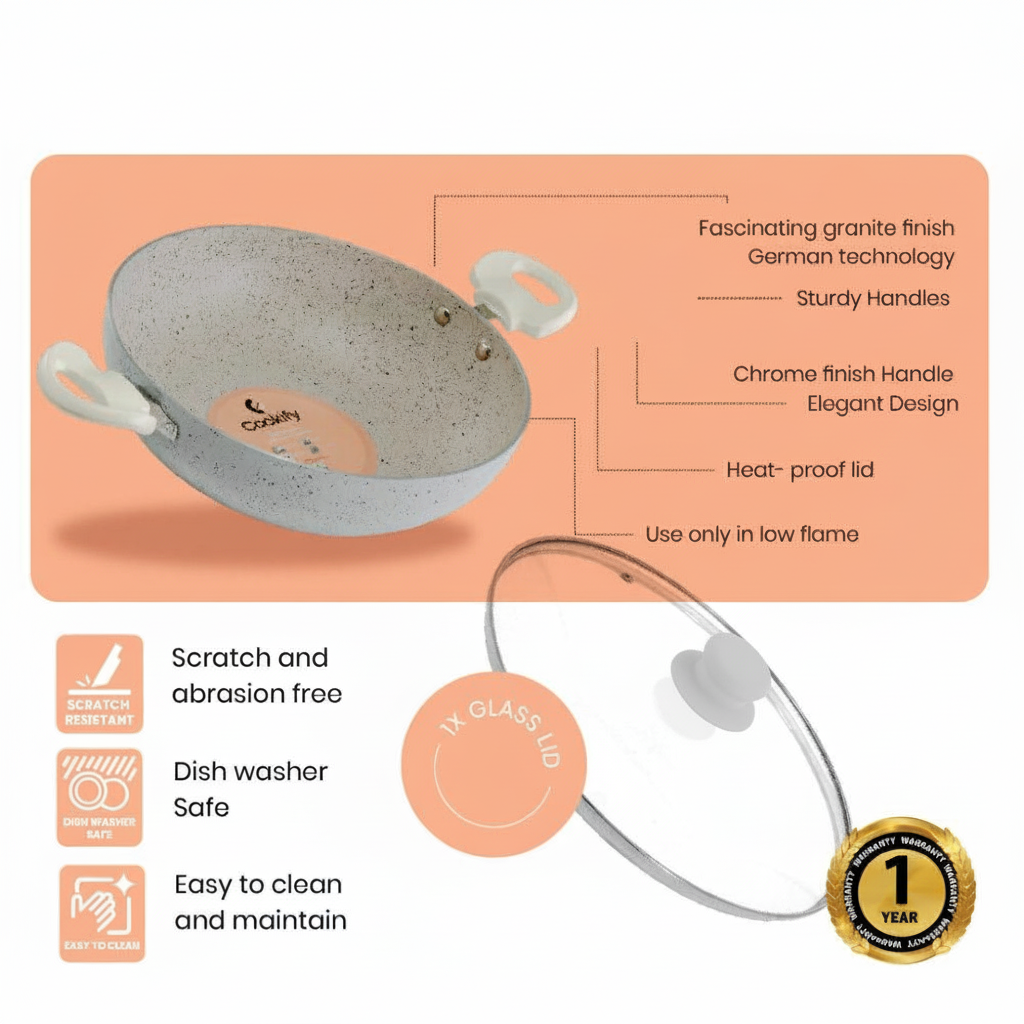 Cookify Lara Non-Stick Kadai, 24 cm, Spatter Coated, Ivory
