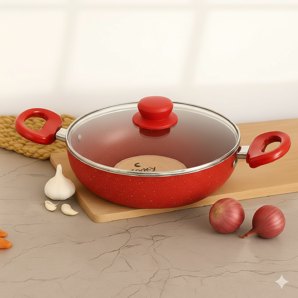 Cookify Lara Non-Stick Kadai, 24 cm, Spatter Coated,Cherry Red