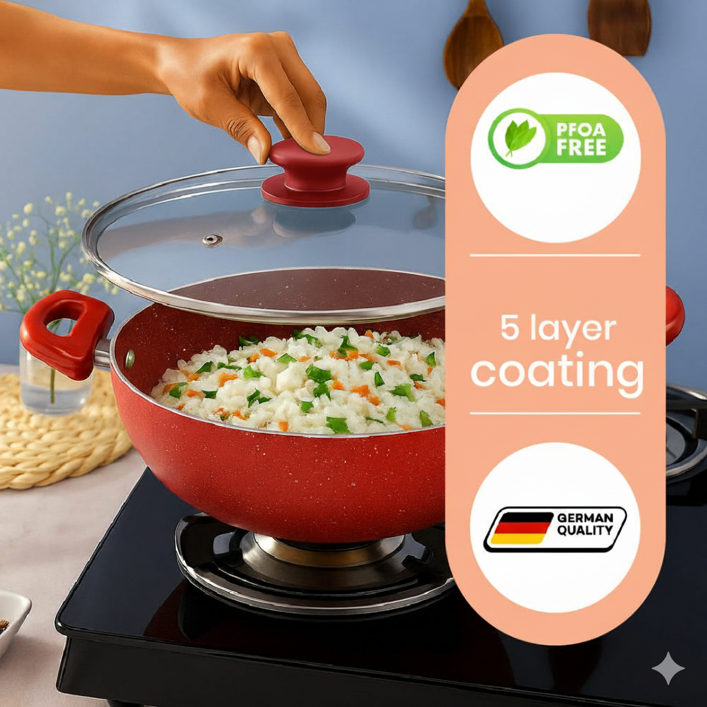 Cookify Lara Non-Stick Kadai, 24 cm, Spatter Coated,Cherry Red