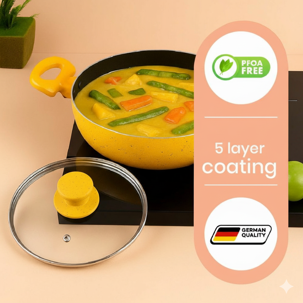 Cookify Lara Non-Stick Kadai, 24 cm, Spatter Coated, Amber Yellow