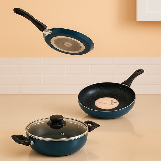 Cookify Rexa Non-Stick Cookware 4 Pcs Set Combo, Kadai 24cm with Lid, Frypan 24cm,Tawa 26cm, Peacock Green