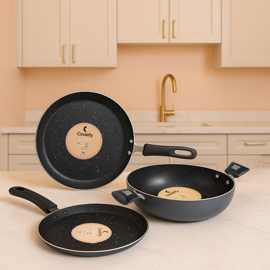 Cookify Rexa Non-Stick Cookware 4 Pcs Set Combo, Kadai 24cm with Lid, Frypan 24cm,Tawa 26cm, Super Grey