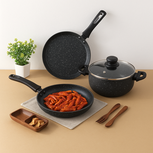 Cookify Rexa Non-Stick Cookware 4 Pcs Set Combo, Kadai 24cm with Lid, Frypan 24cm,Tawa 26cm, Black