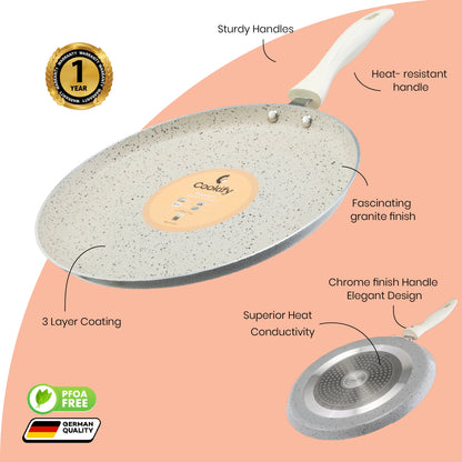 Cookify Liora Non-Stick Flat Tawa with Spatter Coating, 28 cm, Ivory