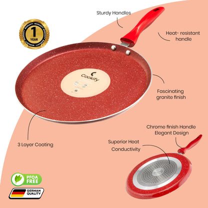 Cookify Liora Non-Stick Flat Tawa with Spatter Coating, 28 cm, Cherry Red