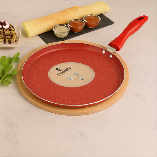 Cookify Liora Non-Stick Flat Tawa with Spatter Coating, 28 cm, Cherry Red