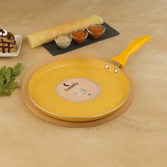 Cookify Liora Non-Stick Flat Tawa with Spatter Coating, 28 cm, Amber Yellow