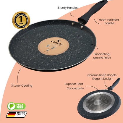 Cookify Liora Non-Stick Flat Tawa with Spatter Coating, 28 cm, Ash Grey