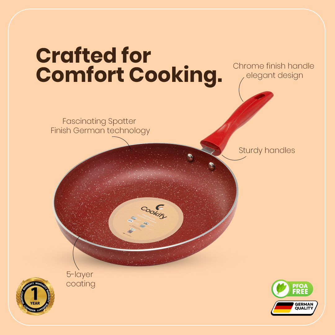 Cookify Flinta Non-Stick Frying Pan, 24 cm, Spatter Coated, Cherry Red