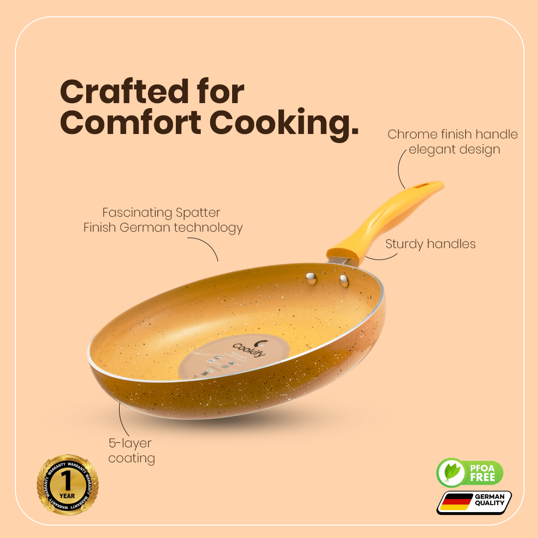 Cookify Flinta Non-Stick Frying Pan, 24 cm, Spatter Coated, Amber Yellow