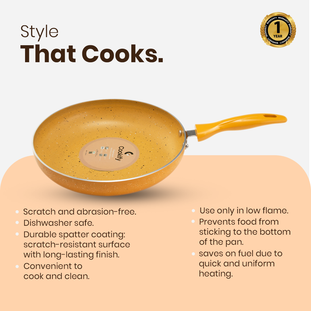 Cookify Flinta Non-Stick Frying Pan, 24 cm, Spatter Coated, Amber Yellow