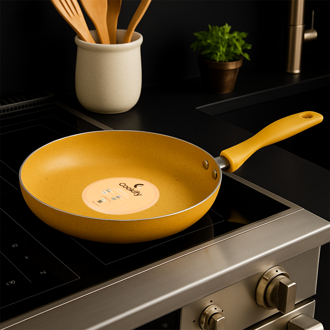 Cookify Flinta Non-Stick Frying Pan, 24 cm, Spatter Coated, Amber Yellow
