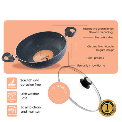 Cookify Lara Non-Stick Kadai, 24 cm, Spatter Coated, Ash Grey