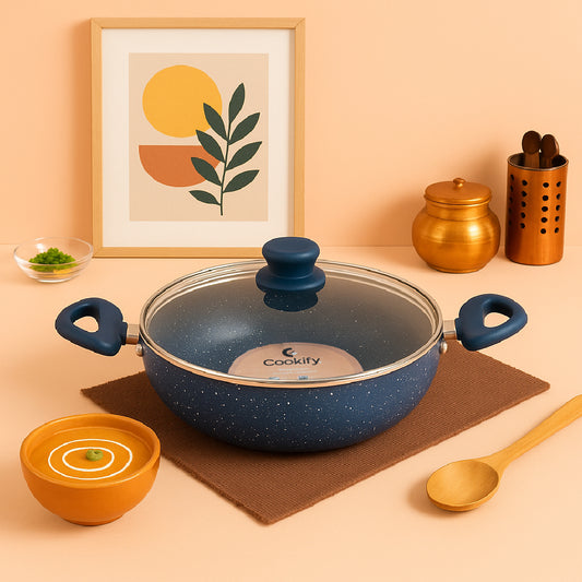 Cookify Lara Non-Stick Kadai, 24 cm, Spatter Coated, Ash Grey