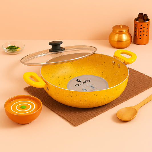 Cookify Lara Non-Stick Kadai, 24 cm, Spatter Coated, Amber Yellow