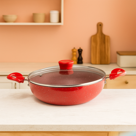 Cookify Lara Non-Stick Kadai, 24 cm, Spatter Coated,Cherry Red