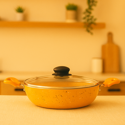 Cookify Lara Non-Stick Kadai, 24 cm, Spatter Coated, Amber Yellow
