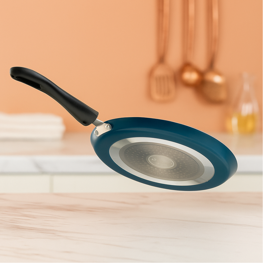 Cookify Duron Flat Tawa, 26 cm, Non-Stick Coated, Chrome Finish Handle, Peacock Green