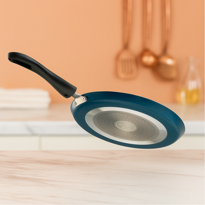 Cookify Duron Flat Tawa, 26 cm, Non-Stick Coated, Chrome Finish Handle, Peacock Green