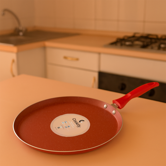 Cookify Liora Non-Stick Flat Tawa with Spatter Coating, 28 cm, Cherry Red