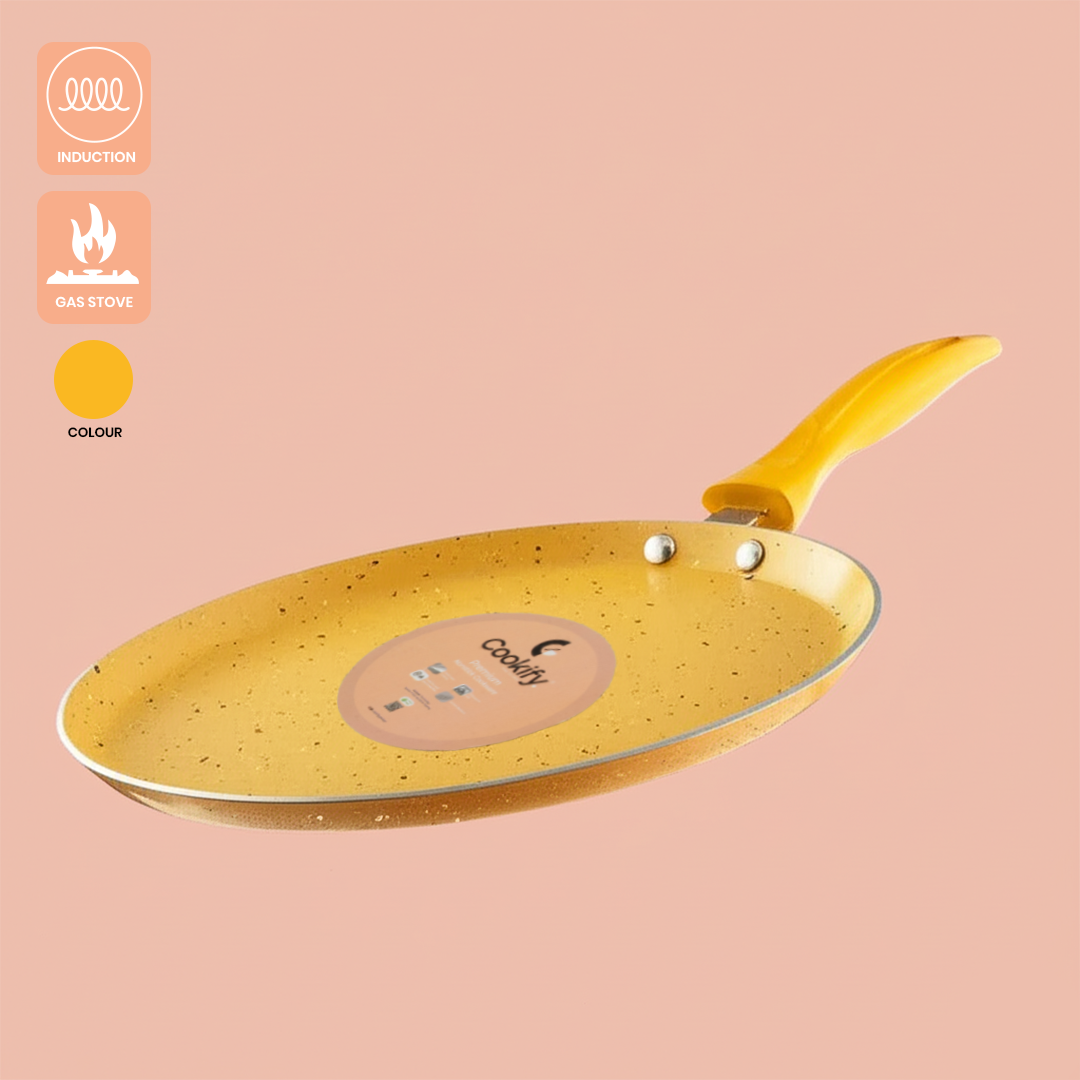 Cookify Liora Non-Stick Flat Tawa with Spatter Coating, 28 cm, Amber Yellow