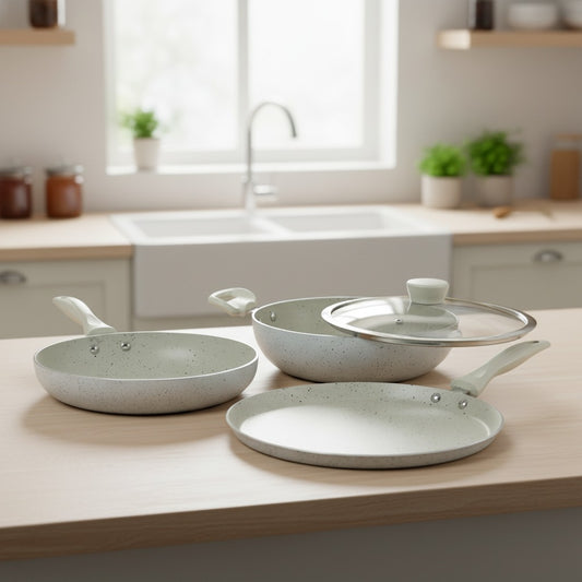 Cookify Non-Stick Spatter Coated Cookware 4 Pcs Set Combo, Kadai 24cm with Lid, Frypan 24cm,Tawa 28cm,Ivory